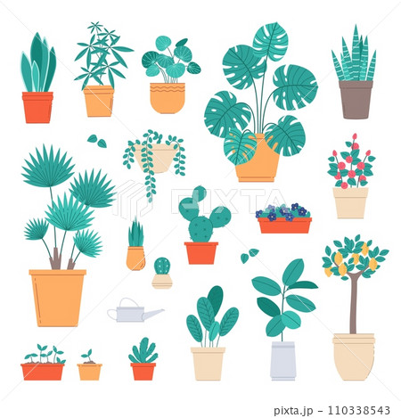 Home plants. Indoor potted flowers, interior live decorations, ficuses, cacti and succulents, room greenhouse, exotic palms, lemon tree and monstera, cartoon flat isolated vector set 110338543