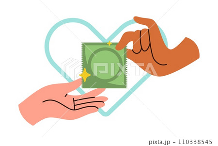 Hands of woman and man with heart and condom. Latex barrier contraception, sex protection and pregnancy control. Boy and girl hand. Cartoon flat vector couple safe love concept 110338545