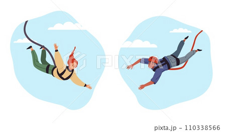 Guy and girl jumping down from bungee cord. Extreme sport, man and woman falling in air. Adrenaline dangerous adventures. Risk leisure time activity cartoon flat isolated vector concept Guy and girl jumping down from bungee cord. Extreme sport, man and woman falling in air. Adrenaline dangerous adventures. Risk leisure time activity cartoon flat isolated vector concept 110338566
