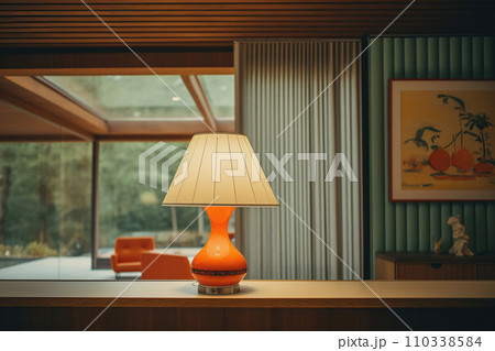 AI-generated content. Stylish orange lamp illuminating mid century room decor 110338584