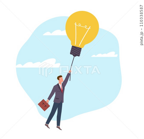 Businessman flies up and holds light bulb by string. New project or startup beginning. Flying happy employee. Creative process and brainstorming sign cartoon flat isolated vector concept 110338587