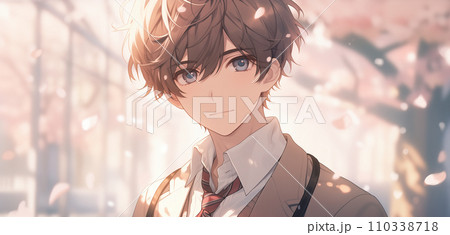 満開の桜と男子生徒卒業・入学シーズンイメージ 110338718