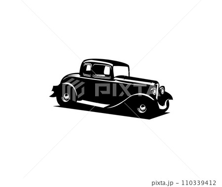 Silhouette of old 1932s ford caupe logo isolated white background view from side. Best for badges, emblems, icons and vintage car industry. 110339412
