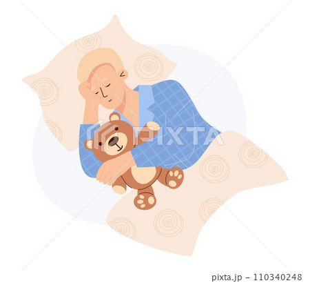 Sleeping blond man hugs plush teddy bear toy. Cute male character in flat style. Vector illustration 110340248