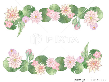 Water lily, frame of flowers and leaves. Watercolor drawing. Frame for text, for designing invitations and cards, printing on notebooks. For labels and packaging of cosmetics and other products. 110340279