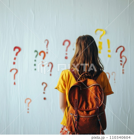AI-generated content. Young teen girl with school backpack and question marks on the wall in front of her. 110340604