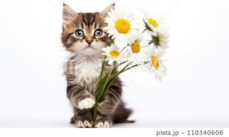 AI-generated content. Cute cat with flowers. Gift for Valentines Day and Mothers Day. Isolated on background AI-generated content. Cute cat with flowers. Gift for Valentines Day and Mothers Day. Isolated on background 110340606
