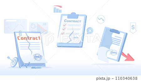 Contract cancellation business collection set. Termination or dismissal contract tear, contract failure, negotiation, problem, stocks market crash, disagreement. Flat vector design illustration. 110340638