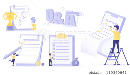 To-do lists, question and answer collection set. Strategy planning, tactical management, checklist, reminder, assignment, questionnaire, search and research. Flat vector design illustration. 110340641