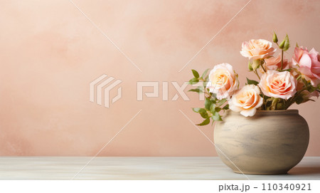 AI-generated content. Vase with bouquet of roses against the background of a peach wall. Background for product presentation. copy space, 110340921