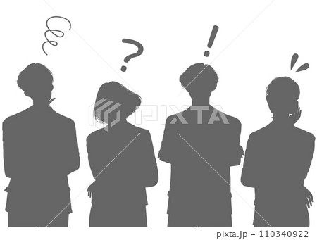 もやもや 悩む 考える 疑問 ひらめく 困る ビジネスシーンでのポーズのシルエットセット 110340922