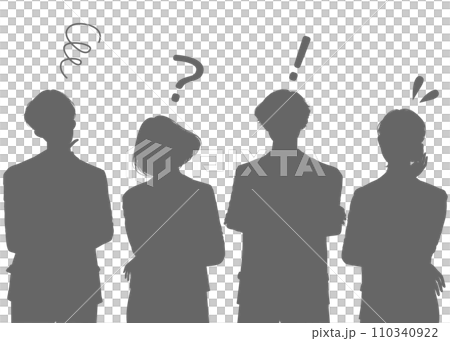 もやもや 悩む 考える 疑問 ひらめく 困る ビジネスシーンでのポーズのシルエットセット 110340922