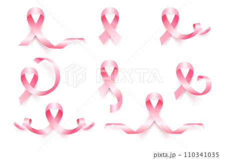 Vector Realistic Pink Ribbon Set, Breast Cancer Awareness Symbol. Realistic Pink Ribbon Set for Breast Cancer Awareness. A Symbol of Hope, Strength, and Solidarity Vector Realistic Pink Ribbon Set, Breast Cancer Awareness Symbol. Realistic Pink Ribbon Set for Breast Cancer Awareness. A Symbol of Hope, Strength, and Solidarity 110341035
