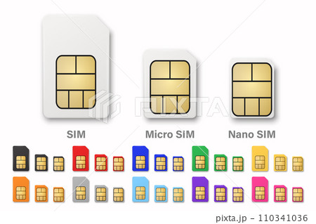 Vector Realistic SIM Card Set. SIM Card Closeup Isolated in Front View. Design Template for Mockup. Standard, Micro and Nano Size Vector Realistic SIM Card Set. SIM Card Closeup Isolated in Front View. Design Template for Mockup. Standard, Micro and Nano Size 110341036
