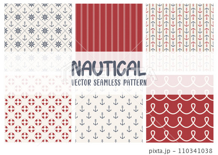 Flat Vector Nautical Seamless Pattern Set. Marine Seamless Patterns, Sea Print. Marine Equipment Seamless Patterns, Nautical Charm, Classic Style 110341038