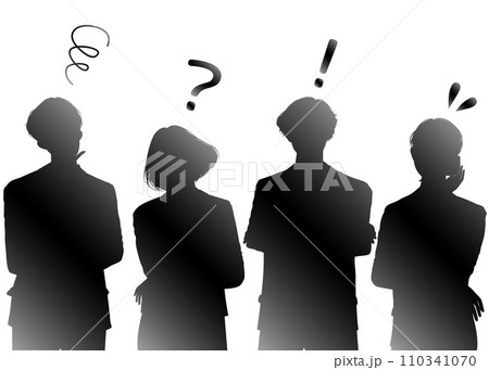考える 悩む 疑問 焦る 驚く ひらめくポーズのビジネスマン男性 ビジネスウーマン女性のシルエット 110341070