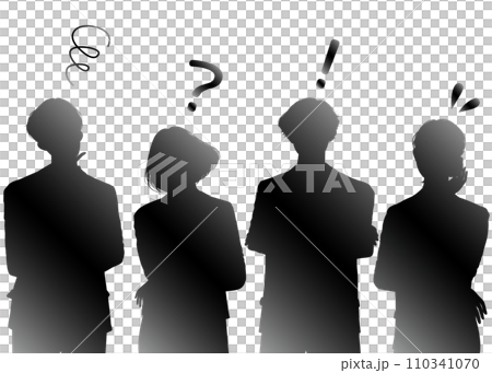 考える 悩む 疑問 焦る 驚く ひらめくポーズのビジネスマン男性 ビジネスウーマン女性のシルエット 110341070