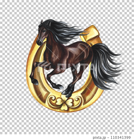 Running horse. Hand watercolor. Brown horse isolate. For printing, stickers and labels. For postcards, business cards 110341399