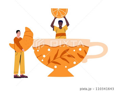 Drink tea. Man in big porcelain cup. Hot aroma beverage preparing. Guy holding delicious croissant. Lunch snack. Herbal or lemon flavor. Tiny people. Huge ceramic mug. Vector concept Drink tea. Man in big porcelain cup. Hot aroma beverage preparing. Guy holding delicious croissant. Lunch snack. Herbal or lemon flavor. Tiny people. Huge ceramic mug. Vector concept 110341643