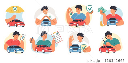 Car rent. Care auto service. Insurance document. Safety for drivers. Automobile costs. Accident with transport or claim to policy. Protection umbrella. Sedan buying. Vector flat icons set Car rent. Care auto service. Insurance document. Safety for drivers. Automobile costs. Accident with transport or claim to policy. Protection umbrella. Sedan buying. Vector flat icons set 110341663