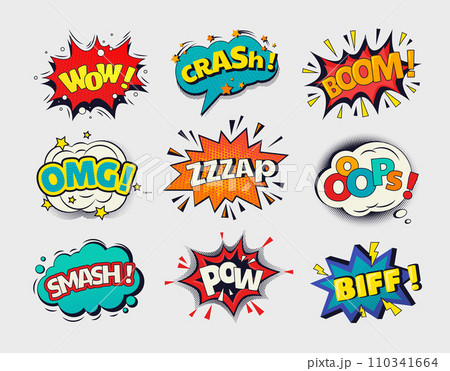 Comic boom. Pop art effect. Speech bubble. Bang cloud. Wow balloon. Onomatopoeia patterns. Bomb burst. OMG and Oops retro stickers. Vector cartoon sound or crash funny elements set 110341664