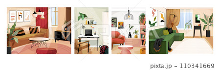 Home furniture. Room interior. House design with bookcase and comfortable sofa. Scandinavian decor. Flat furnishing. Table and armchair. Plant in flowerpot. Hugge apartments vector set 110341669