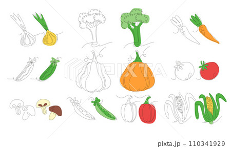 Set of vegetables in continuous line art drawing style. Vegetables minimalist black linear sketch and colored sketch isolated on white background. Vector illustration 110341929