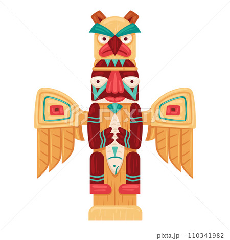 Aboriginal tiki totem. Cartoon wooden pole totem idol, ethnic hawaiian or african culture totem, ritual idol statue flat vector illustration. Indigenous idol winged sculpture Aboriginal tiki totem. Cartoon wooden pole totem idol, ethnic hawaiian or african culture totem, ritual idol statue flat vector illustration. Indigenous idol winged sculpture 110341982