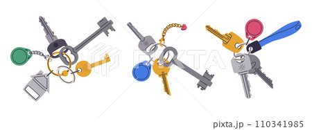 Door keys bunches. Apartment or house keys with keychain with keyring and plastic tag. Door key bunches flat vector illustration set. Real estate property entrance keys 110341985