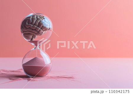 Human brain in hourglass, medical and psychology concept, brain aging, memory loss, Alzheimer's disease, mental health, thinking process, lifetime. Time is running, flow of time, passing countdown. 110342175