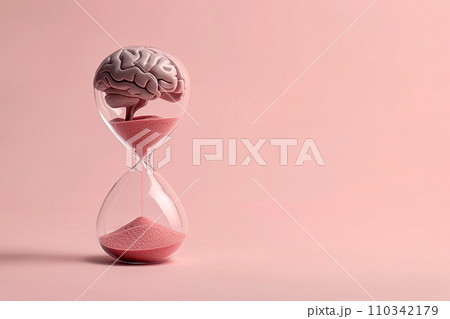 Human brain in hourglass, medical and psychology concept, brain aging, memory loss, Alzheimer's disease, mental health, thinking process, lifetime. Time is running, flow of time, passing countdown. 110342179