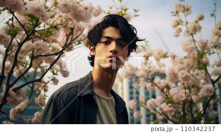 Modern happy young serious puzzled Asian guy against the background of blooming pink cherry trees and metropolis city. 110342237