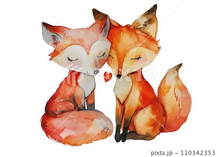 AI-generated content. Two foxes in a tender embrace, captured in watercolor, with a small heart between them, perfect for Valentine's Day themes or affectionate wildlife art. 110342353
