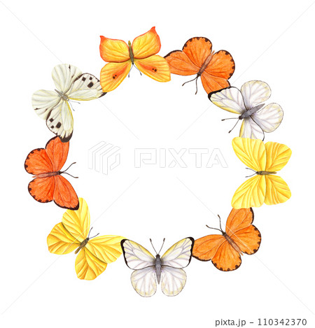 Wreath with yellow, orange and white butterflies. Watercolor illustration. For postcard design, invitation template, Valentine day, birthday, mother day cards, wedding invitation 110342370