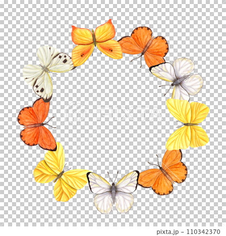 Wreath with yellow, orange and white butterflies. Watercolor illustration. For postcard design, invitation template, Valentine day, birthday, mother day cards, wedding invitation 110342370