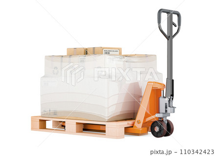 Pallet jack with parcels wrapped in the stretch film, 3D rendering 110342423