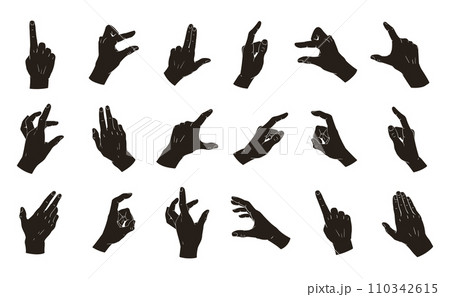 Touchscreen gestures silhouettes. Smartphone screen swipe, tap, pinch, zoom and rotate hand gestures flat vector illustration set. Screen touch hand signs Touchscreen gestures silhouettes. Smartphone screen swipe, tap, pinch, zoom and rotate hand gestures flat vector illustration set. Screen touch hand signs 110342615