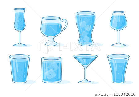 Water glasses. Cartoon transparent water glasses and cups, glass with ice mineral water flat vector illustration set. Water tableware collection Water glasses. Cartoon transparent water glasses and cups, glass with ice mineral water flat vector illustration set. Water tableware collection 110342616