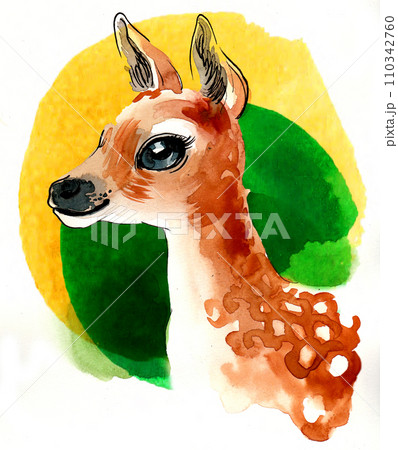 Baby deer. Hand-drawn ink and watercolor sketch	 110342760