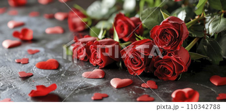 AI-generated content. Roses and hearts on wooden board, Valentine's Day background, wedding day 110342788