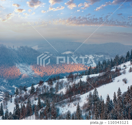 Evening winter Ukrainian Carpathian Mountains landscape. Evening winter Ukrainian Carpathian Mountains landscape. 110343121