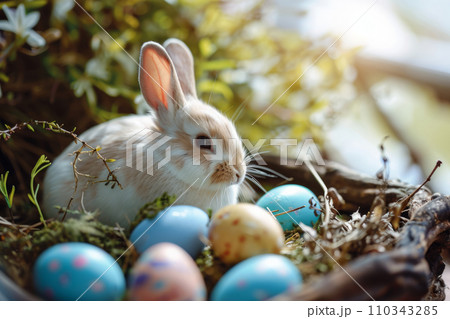 Little bunny with decorated eggs. Easter card concept. Generative AI Little bunny with decorated eggs. Easter card concept. Generative AI 110343285
