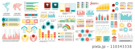 Mega set of infographic elements data visualization vector design template. Can be used for steps, options, business process, workflow, diagram, flowchart, timeline, marketing. Bundle info graphics. 110343338