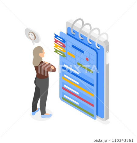 Isometric personal time management. Business woman planning month on digital calendar. Personal monthly schedule, flawless vector concept 110343361