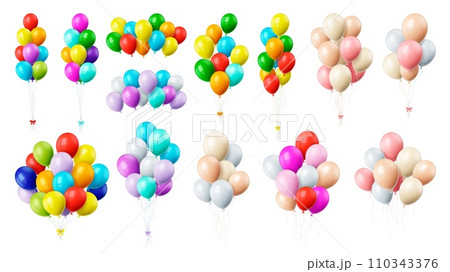 Colourful realistic isolated balloons bunches. Balloon with ribbon and bow, decorative party elements. Birthday, anniversary, graduation pithy vector decor Colourful realistic isolated balloons bunches. Balloon with ribbon and bow, decorative party elements. Birthday, anniversary, graduation pithy vector decor 110343376