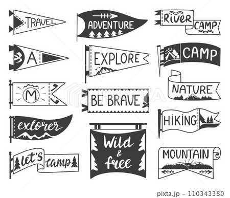 Pennant with adventures phrases. Hiking, travel on nature or camping hand drawn prints design. Decorative travellers quotes neoteric vector set Pennant with adventures phrases. Hiking, travel on nature or camping hand drawn prints design. Decorative travellers quotes neoteric vector set 110343380