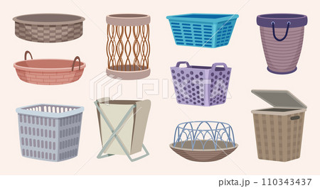 Laundry baskets. Different containers for messy clothes plastic baskets for washing exact vector illustrations set 110343437