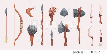 Prehistoric weapon. Ancient tools for primitive people exact vector illustrations 110343438
