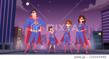 Superhero background. Family heroes with big power save the world exact vector cartoon illustration 110343440