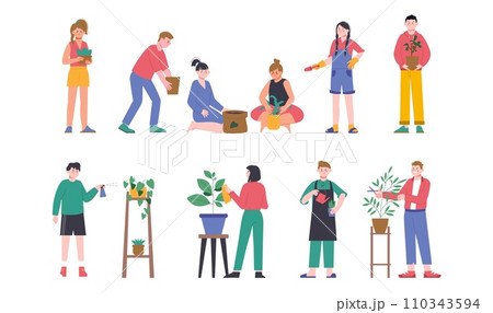 People care home plants. Watering and grow greenery, modern gardening hobby for adults and teens. Biologists, gardeners splendid vector characters 110343594